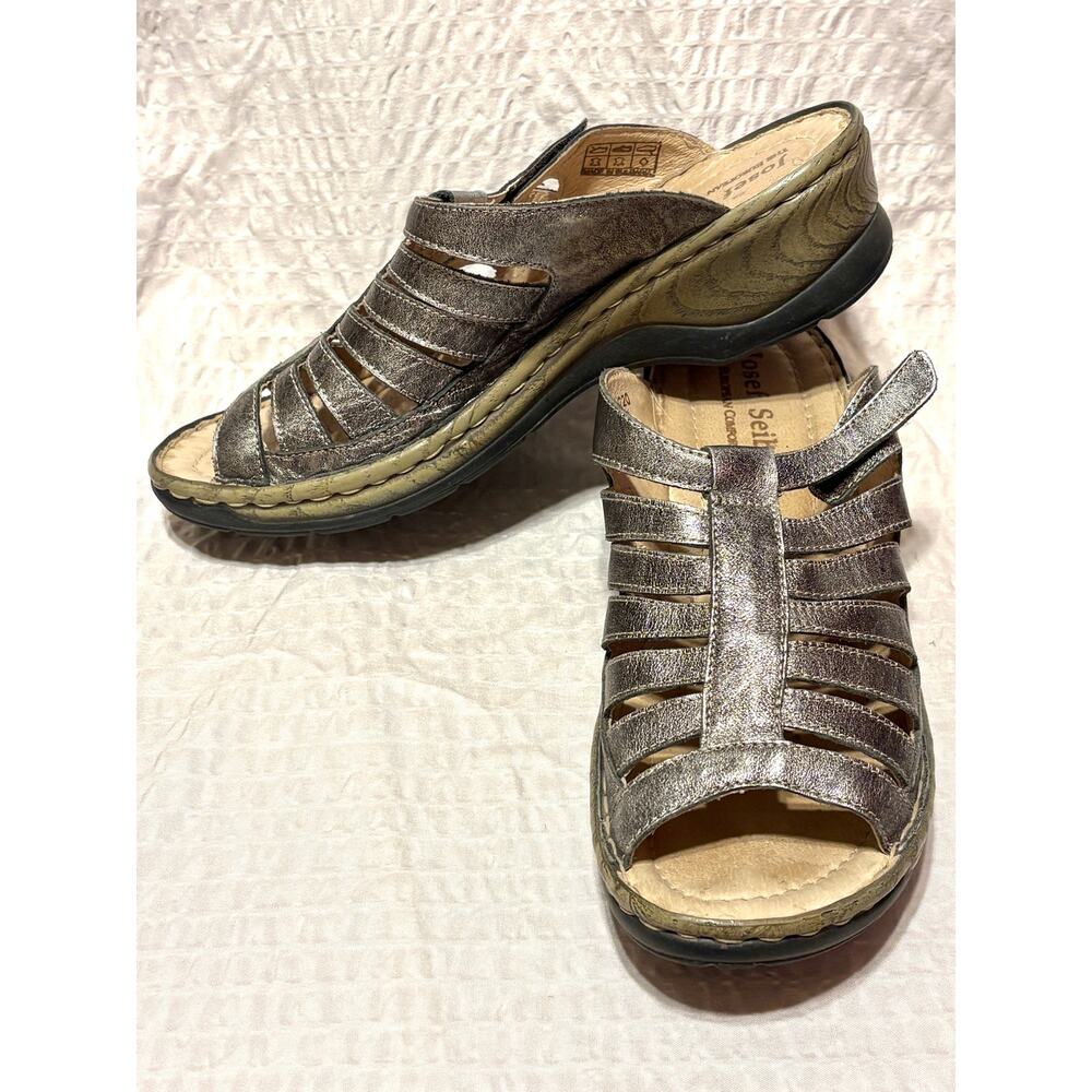 Josef Seibel Metallic Silver Leather Sandals Slip Ons Women’s Shoes EUC Size 41